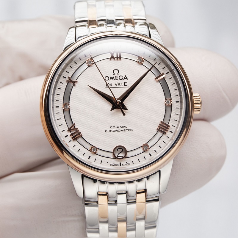 Omega De Ville Couples Replica Watch Authentic Sunburst Dial Arc Glass-2