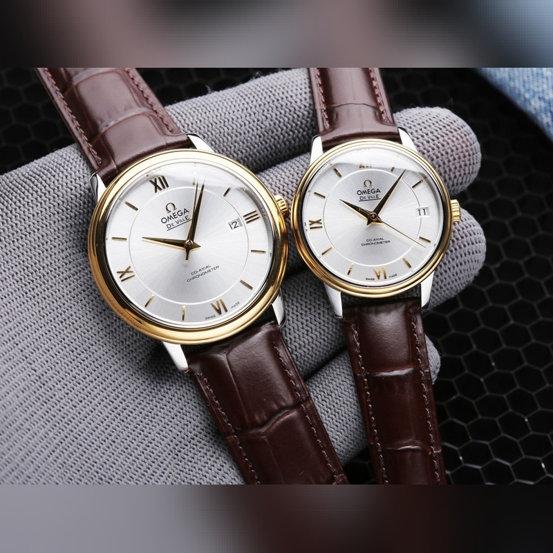 Omega De Ville Couples Replica Watch Genuine Sunburst Dial Arc Glass Quality Craftsmanship-3