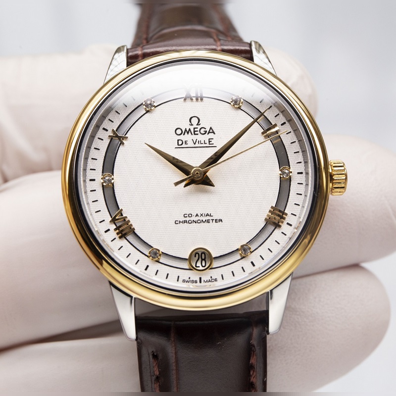 Omega De Ville Couple Replica Watch Genuine Sunburst Dial Curved Sapphire Glass-2